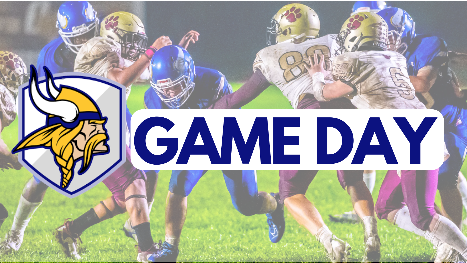 Game Day graphic for Wareham High School Varsity Football, featuring the Wareham Vikings logo with players in action on the field in the background.