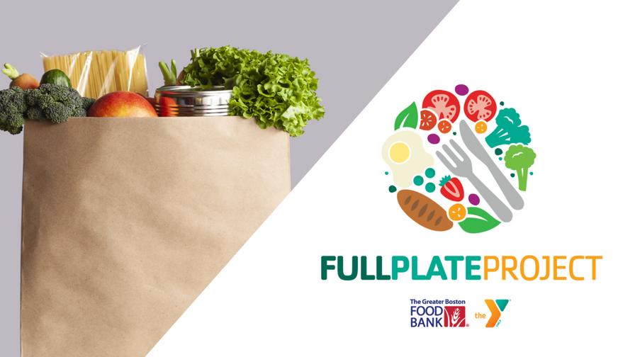 Full Plate Project logo alongside a grocery bag filled with fresh produce, canned goods, and pasta. The logo features colorful food icons and the partnership between the Greater Boston Food Bank and YMCA.